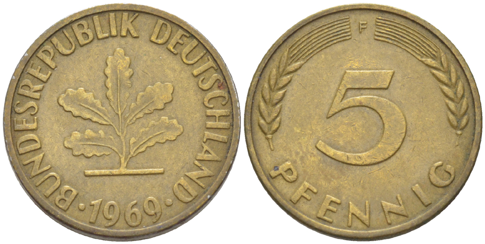 ФРГ 5 ПФЕННИГОВ 1969 F KM 107, J. 382 сталь плакированная латунью 4181-922