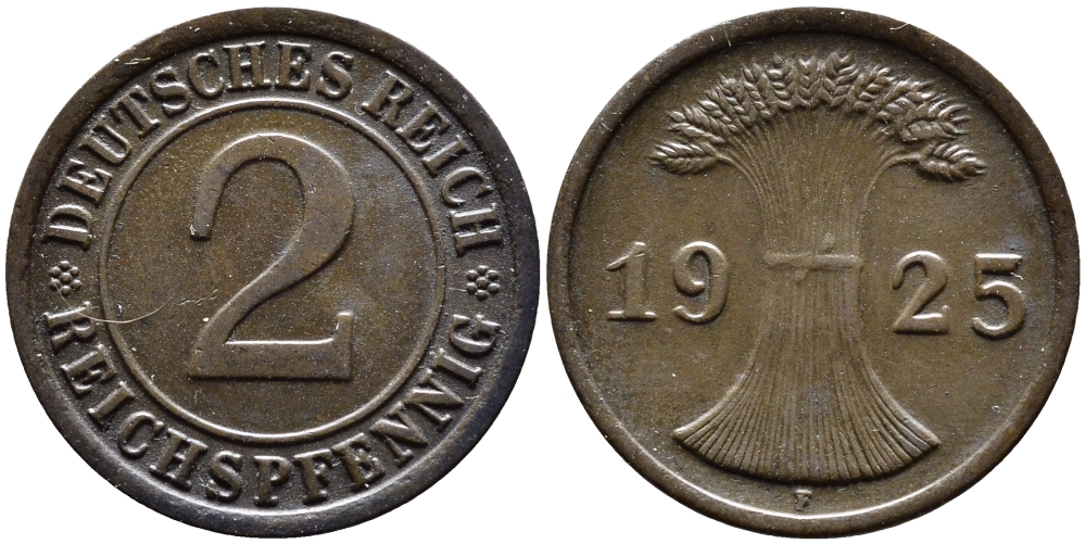 ГЕРМАНИЯ 2 РЕЙХСПФЕННИГА 1925 F KM 38, J. 314 бронза 4387-1142