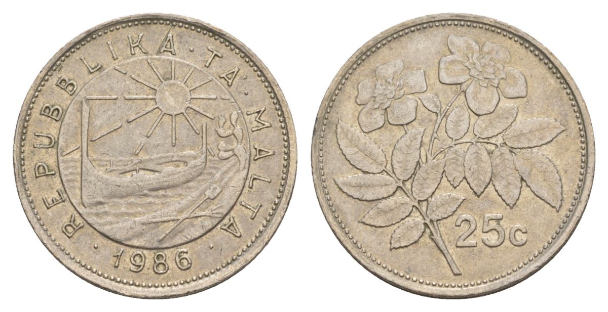 Мальта 25 центов 1986 шиповник вечнозелёный KM 80 медно-никель 4633-1156