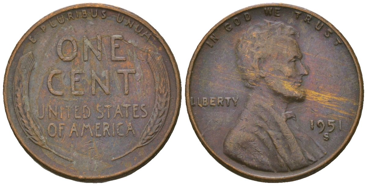 США 1 цент 1951 S (Сан-Франциско), Авраам Линкольн KM A132 латунь 4516-561