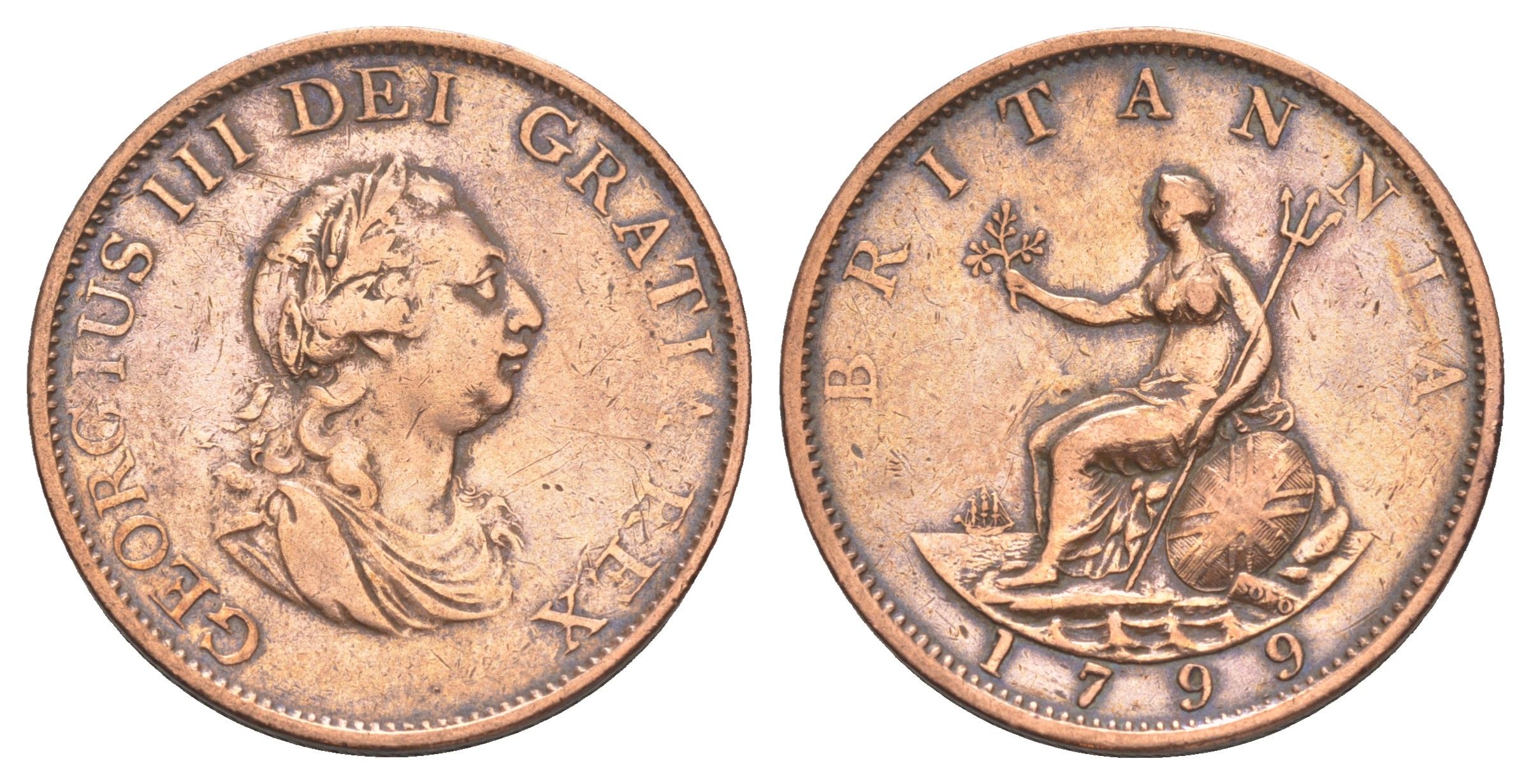 Великобритания 1/2 пенни 1799 Георг III (1760-1820) KM 647, Spink 3778 медь 3711-845