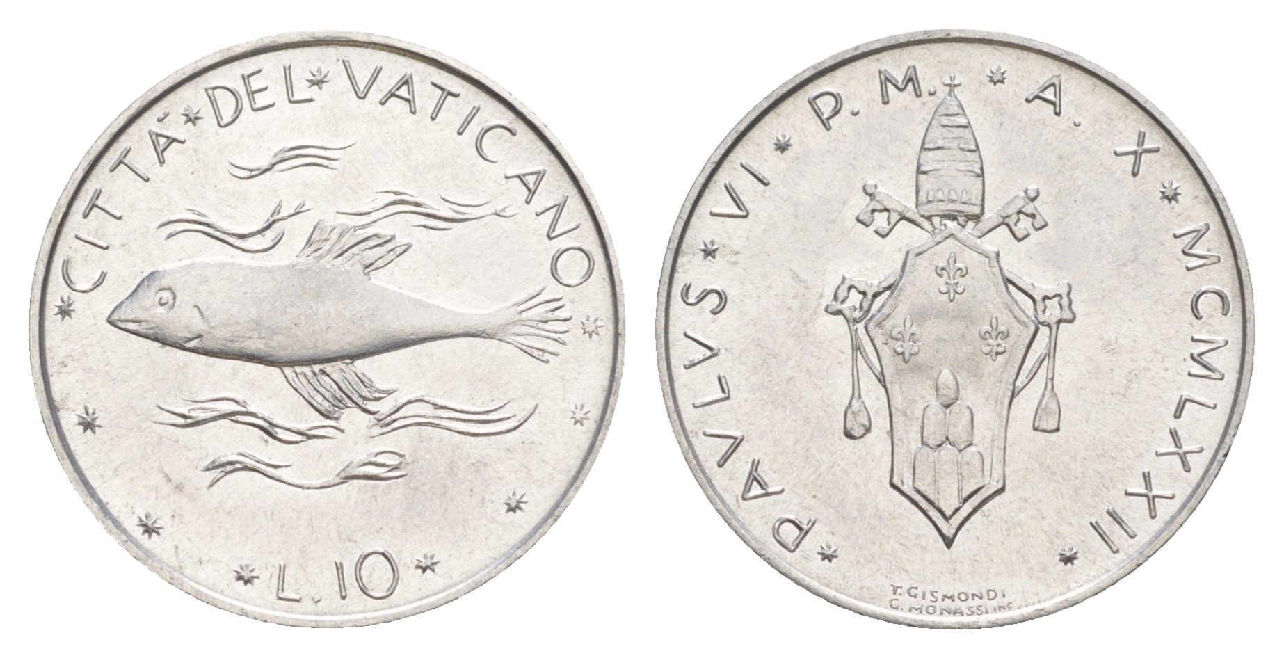 Ватикан 10 лир 1972 MCMLXXII, Павел VI KM 119 алюминий UNC 4648-117