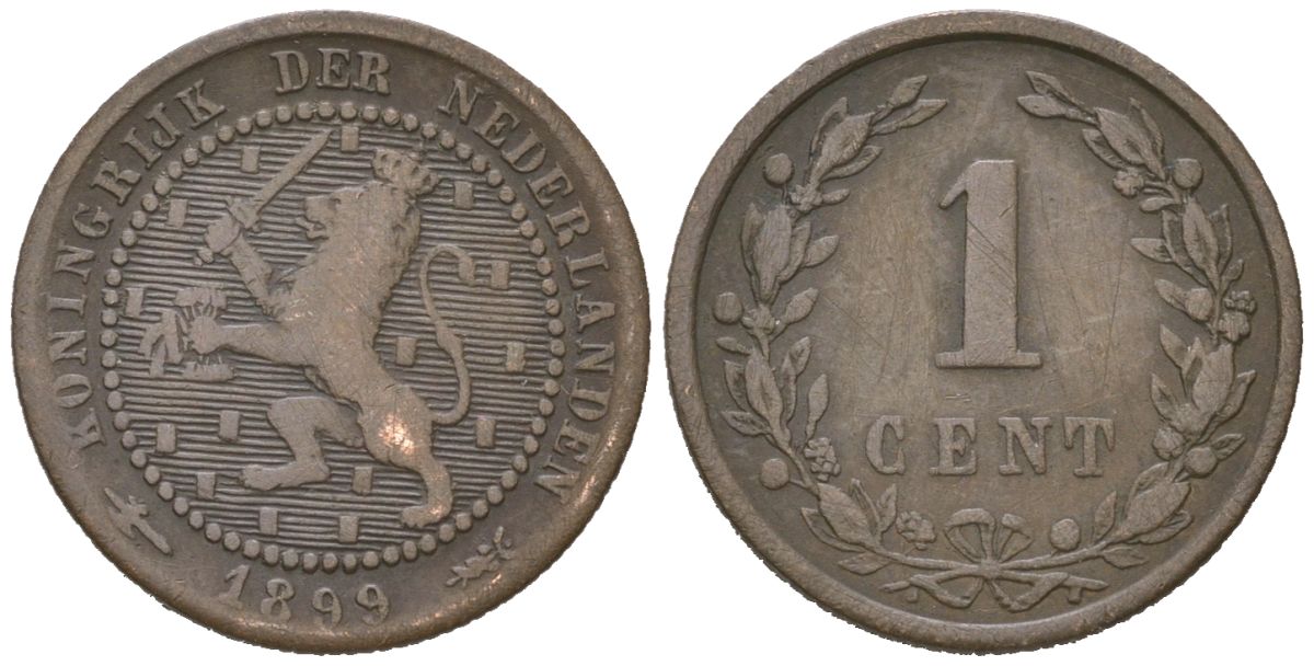 Нидерланды 1 цент 1899 Вильгельмина (1890-1948) KM 107 бронза 4154-632