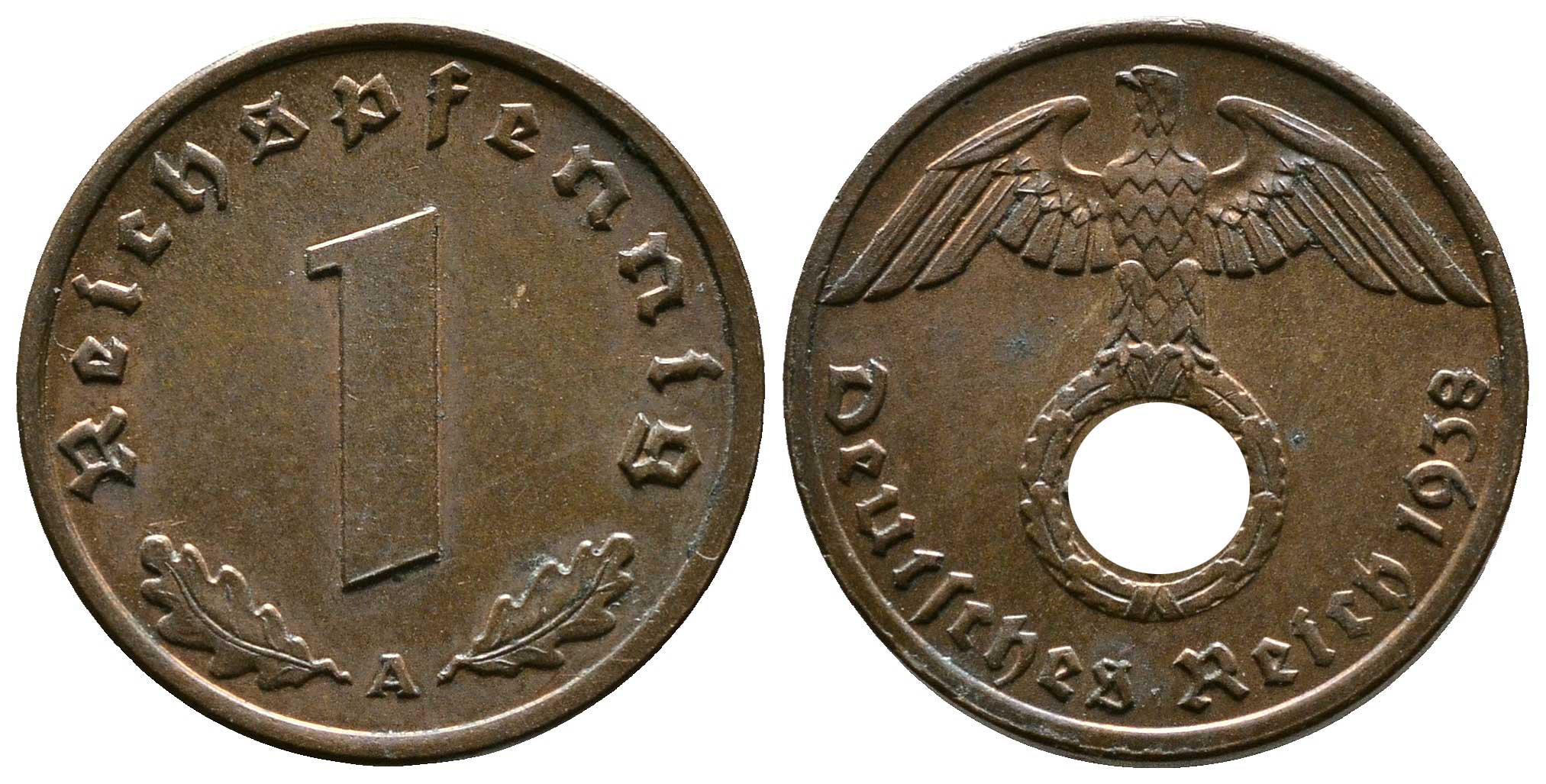 Германия 1 рейхспфенниг 1938 A KM 89, J. 361 бронза    220-263