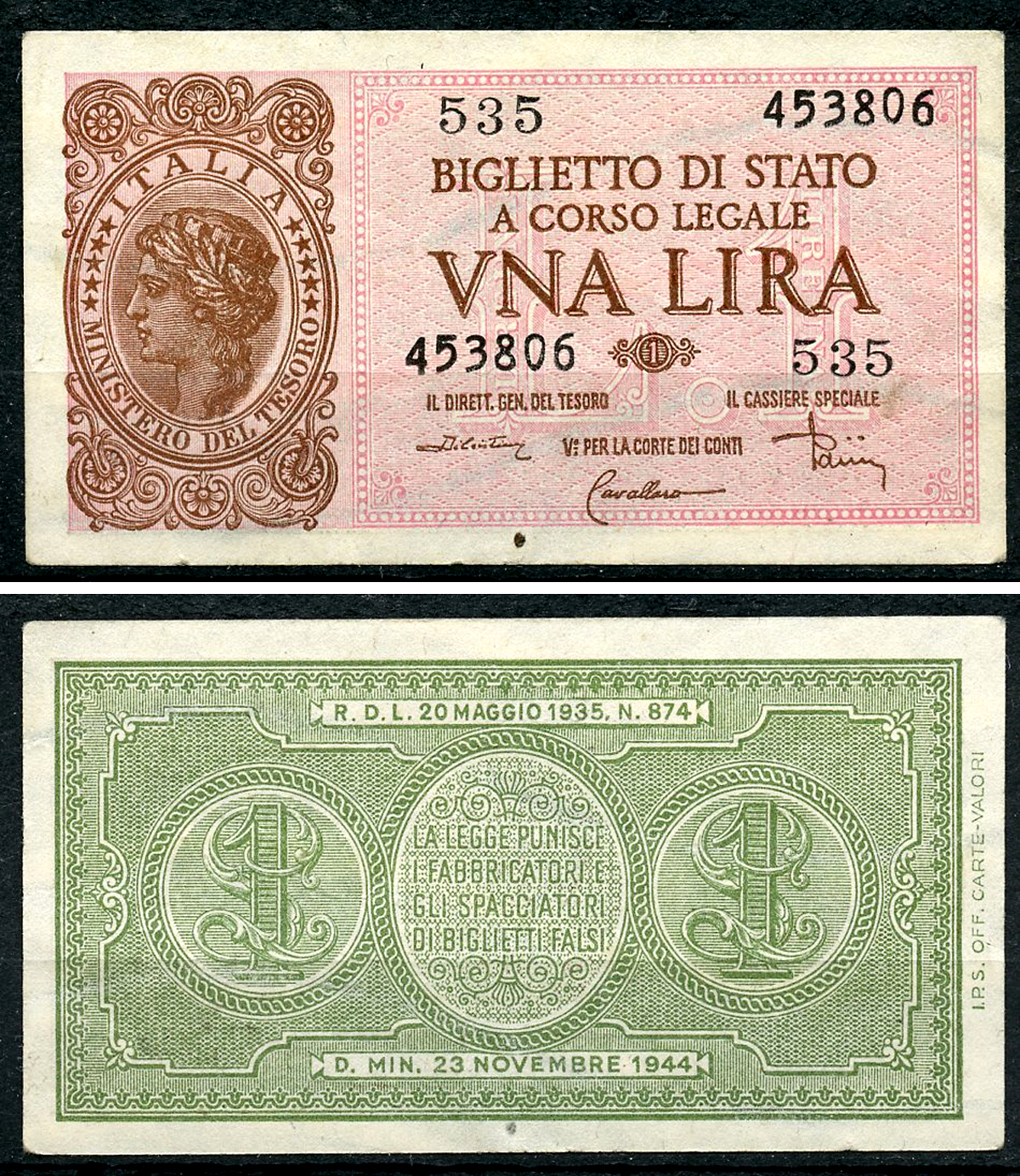 Италия 1 лира 1944 подписи Di Cristina, Cavallaro, Parisi Pick 29 c, Grapanzano BS 8  бумага  aUNC 8614-8-2-1