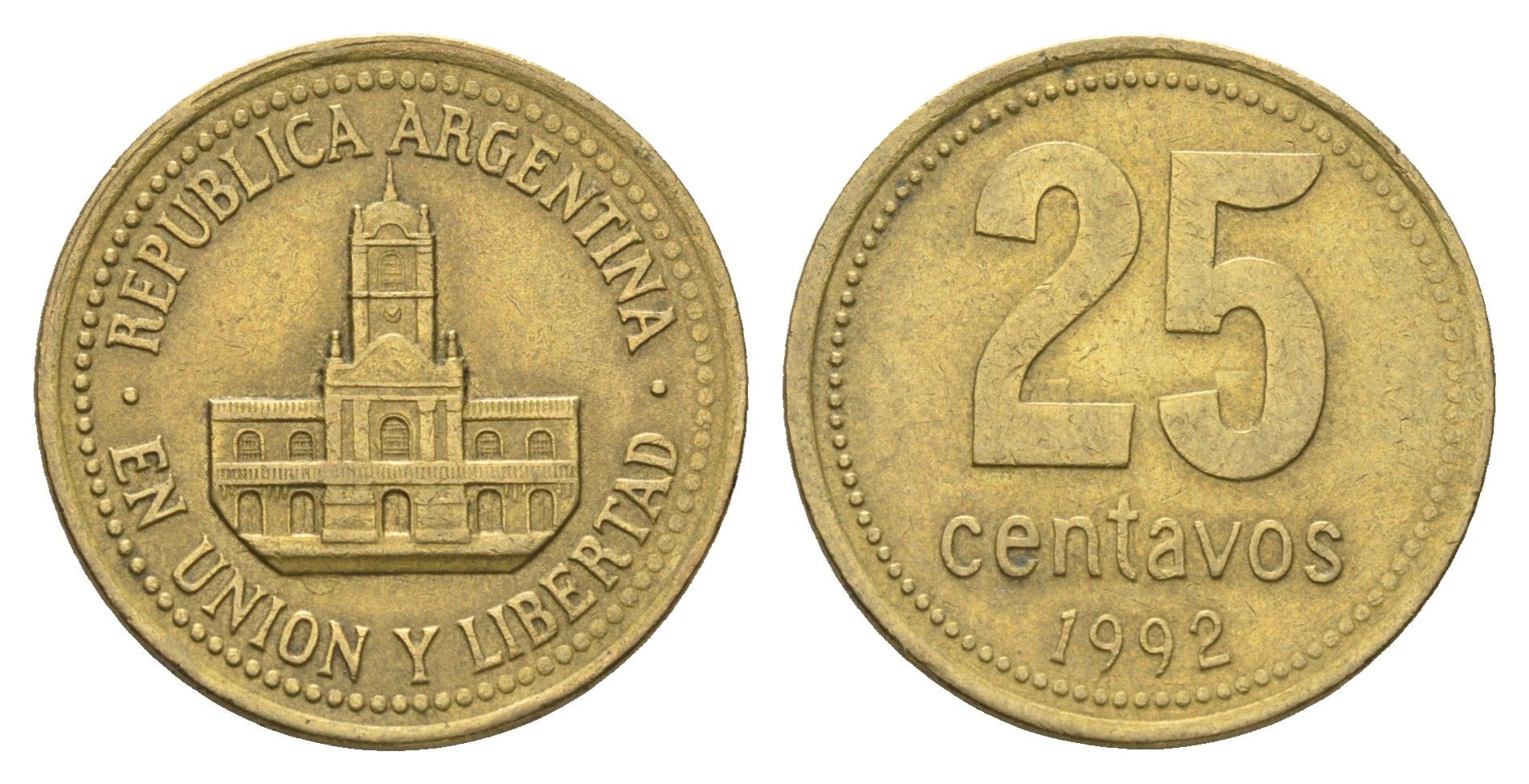 Аргентина 25 сентаво 1992 ратуша Буэнос-Айреса KM 110.1 алюминиевая бронза 4663-557