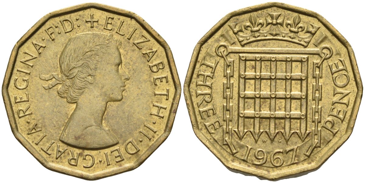 Великобритания 3 пенса 1967 Елизавета II (1952-2022) KM 900, Spink 4153 никель латунь 4126-333
