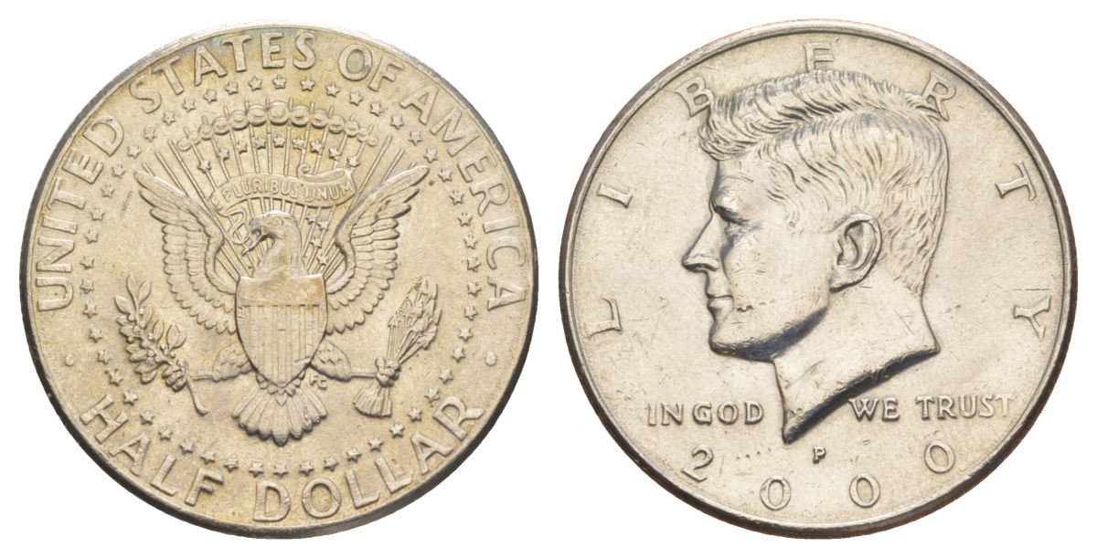 США 1/2 доллара (50 центов) 2000 P, Джон Кеннеди KM A202b медь плакированная медно-никелем aUNC 4517-1013