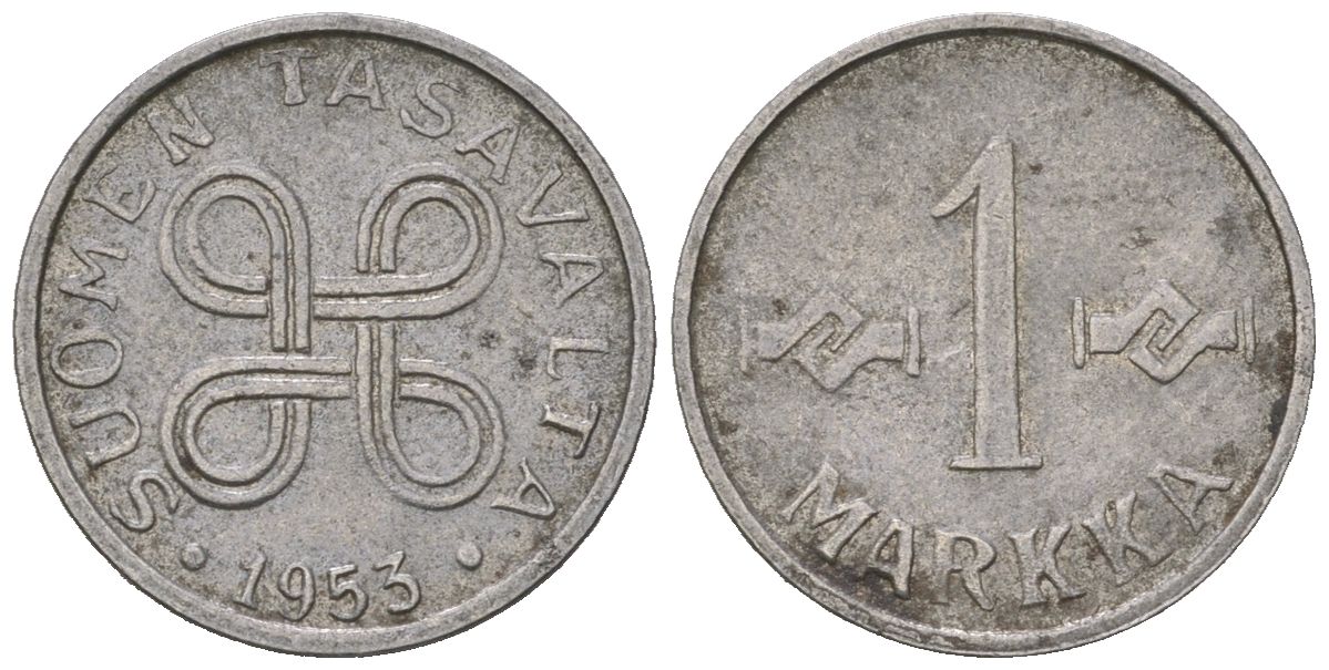 Финляндия 1 марка 1953 KM 36a железо плакированная никелем 218-1145