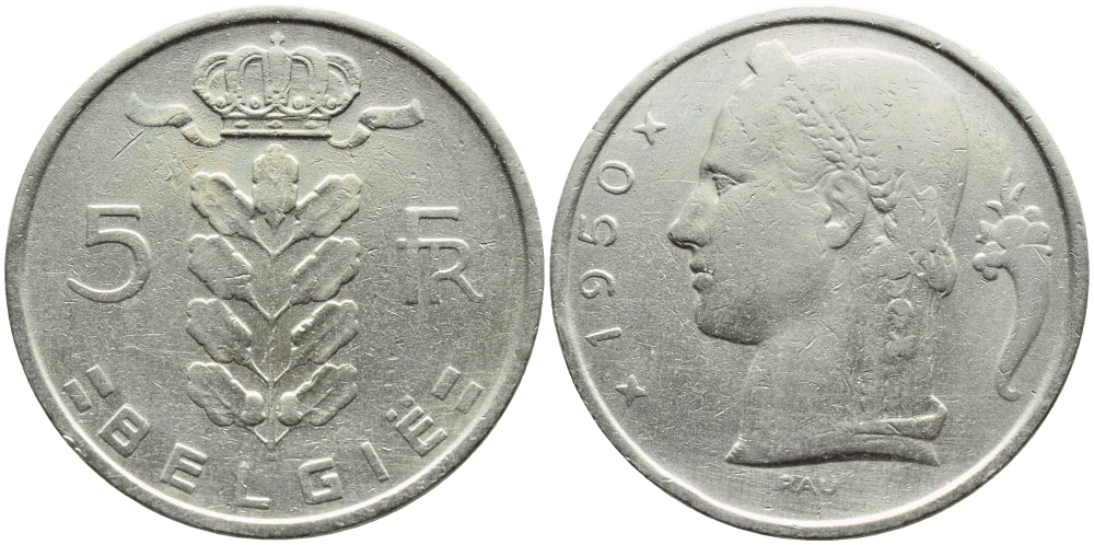 БЕЛЬГИЯ 5 ФРАНКОВ 1950 BELGIE KM 135.1 медно-никель 3999-737