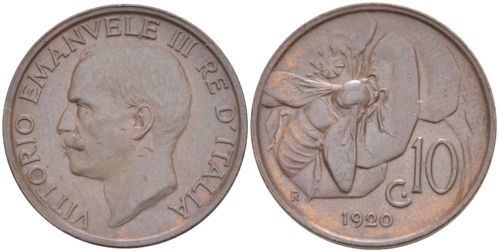 ИТАЛИЯ 10 ЧЕНТЕЗИМО 1920 R, МОНДВОР РИМ, ВИКТОР ЭММАНУИЛ III (1900-1946) KM 60 медь 4525-217