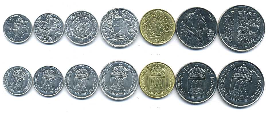 Сан-Марино годовой набор из 7 монет 1973 1, 2, 5, 10, 20, 50 и 100 лир KM 22-28 UNC N4-40