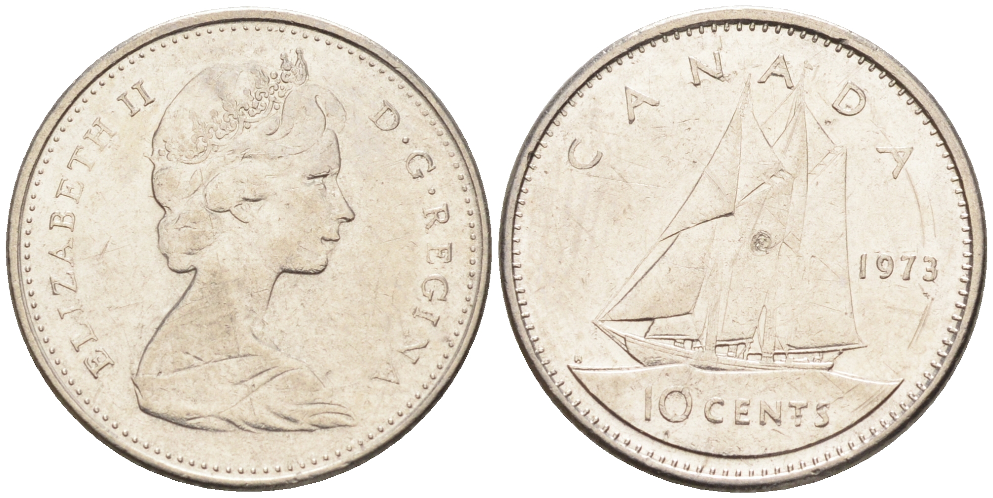 Канада 10 центов 1973 Елизавета II, парусник KM 77.1 никель    4147-346