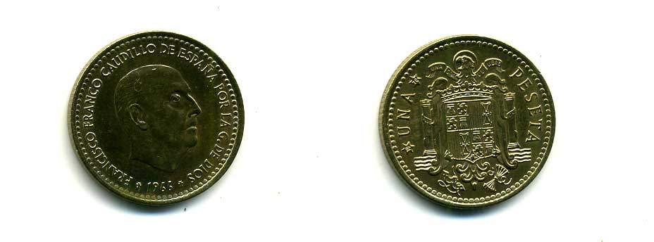 ИСПАНИЯ 1 ПЕСЕТА 1966 (70) ФРАНСИСКО ФРАНКО ДИКТАТОР ИСПАНИИ (1939-1975) КМ 796 алюминиевая бронза 26-765