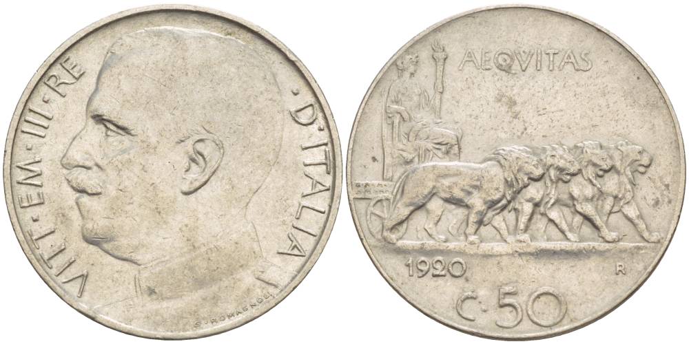 ИТАЛИЯ 50 ЧЕНТЕЗИМО 1920 R, ВИКТОР ЭММАНУИЛ III (1900-1946), ГЛАДКИЙ ГУРТ, МАГНИТНАЯ KM 61.2 никель VF 55-111