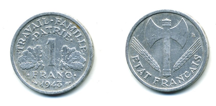 ФРАНЦИЯ 1 ФРАНК 1943 LB, ТИП LEGERE, ПРАВИТЕЛЬСТВО ВИШИ KM 902.1, LE FRANC 223.3 алюминий 23-1024