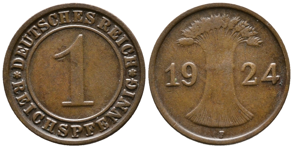 ГЕРМАНИЯ 1 РЕЙХСПФЕННИГ 1924 F KM 37, J. 313 бронза 39-838