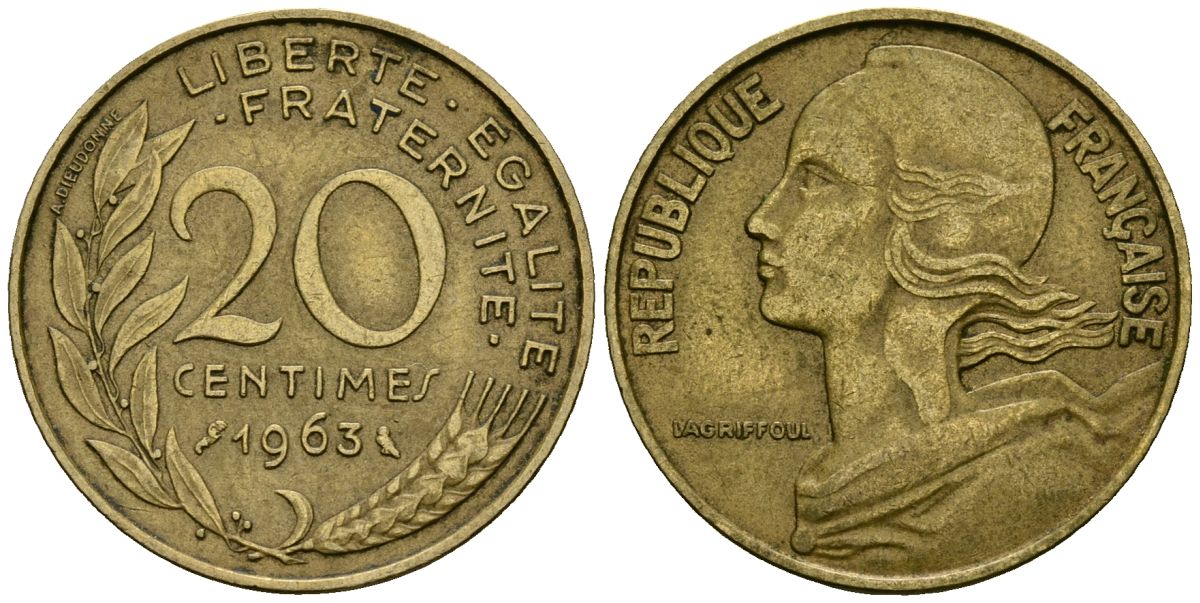 Франция 20 сантимов 1963 тип Marianne KM 930 медь алюминий никель 4135-551