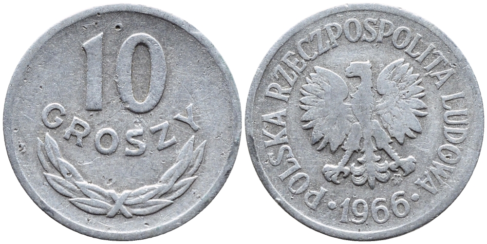 Польша 10 грошей 1966 MW KM AA47, Parchimowicz 206e алюминий 4392-369
