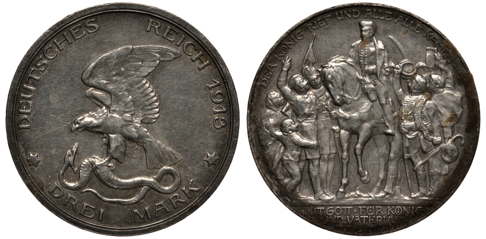 Пруссия 3 марки 1913 Вильгельм II (1888-1918), 100 лет победы над Наполеоном KM 534, J. 110 серебро 3711-1242