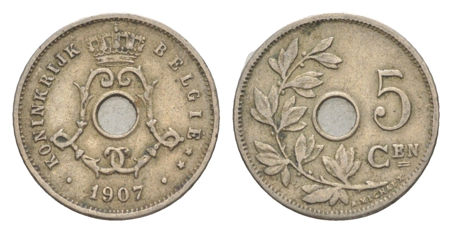 Бельгия 5 сантимов 1907 Belgie, Леопольд I (1865-1909) KM 55 медно-никель 4615-853