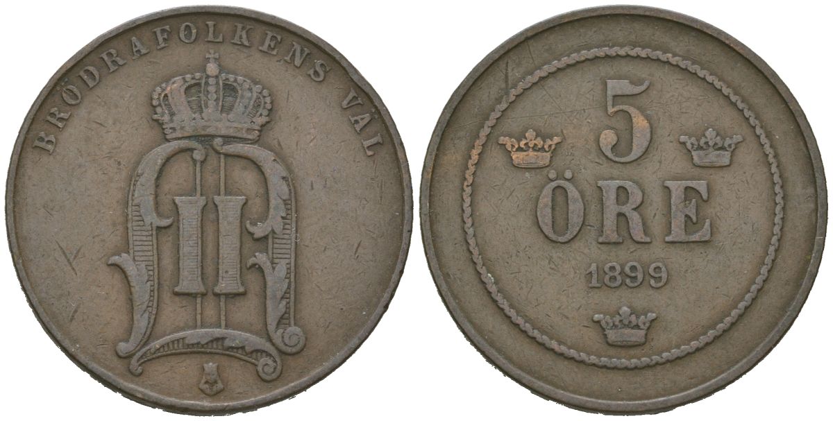 Швеция 5 эре 1899 Оскар II (1872-1907) KM 757 бронза 4171-755