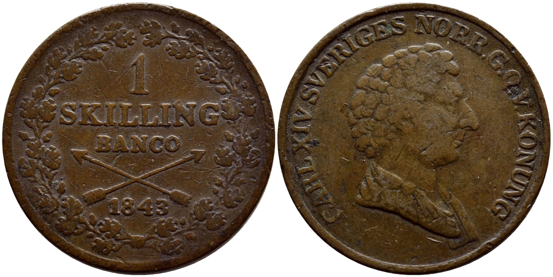 Швеция 1 скиллинг 1843 Карл XIV Юхан (1818-1844), Швеции KM 642 медь 1528-835