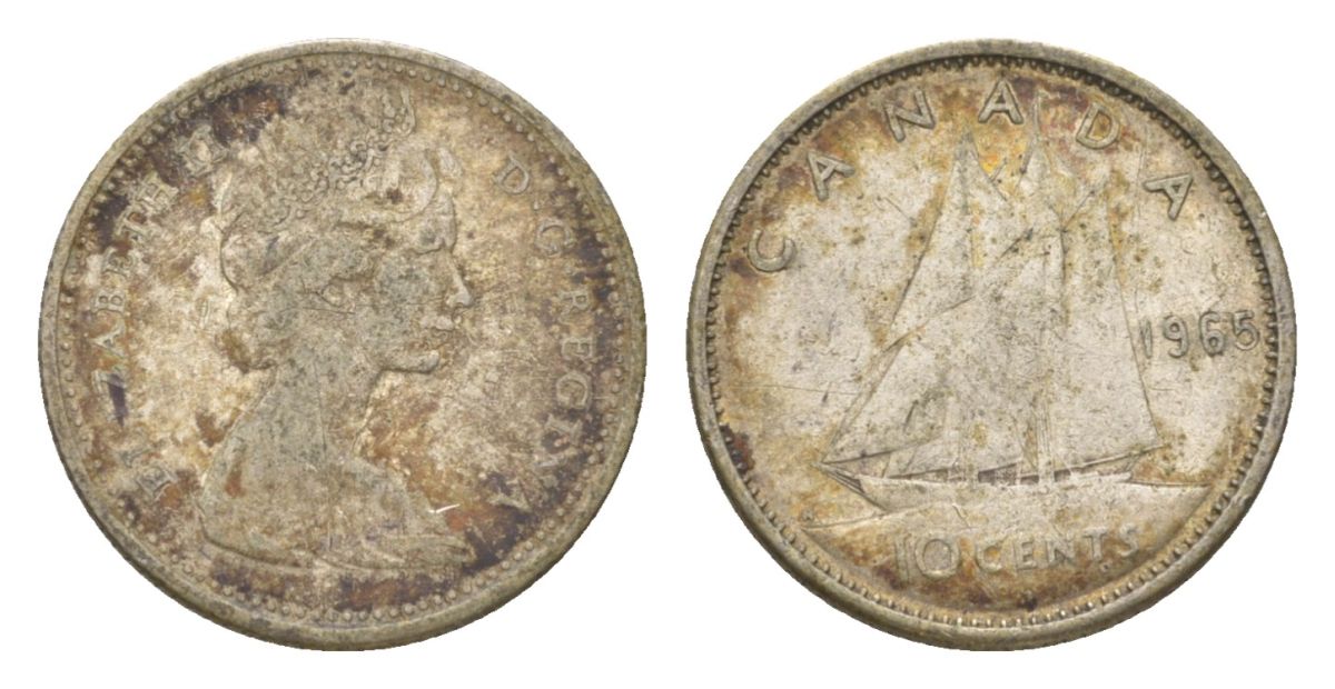 Канада 10 центов 1965 Елизавета II (1952-2022), парусник KM 61 серебро 4623-944