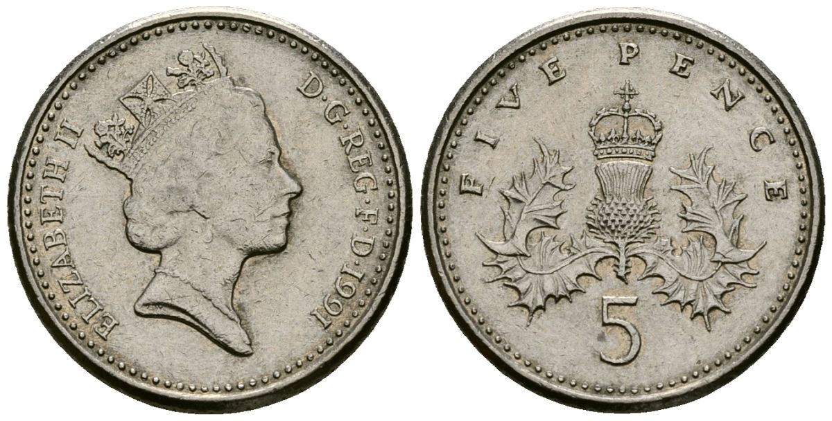 Великобритания 5 пенсов 1991 Елизавета II (1952-2022) KM 937b, Spink 4372 (D4) медно-никель 4172-521