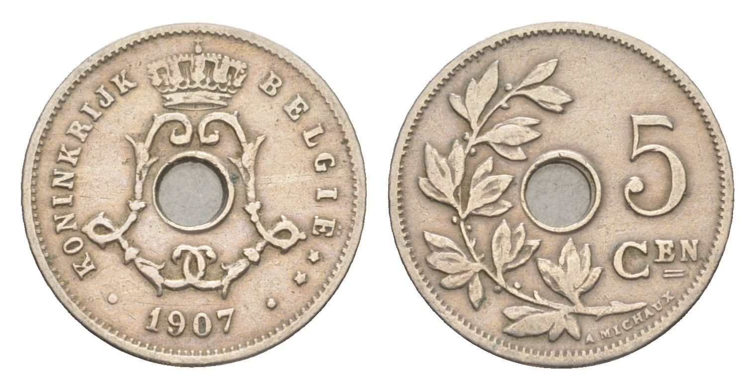 Бельгия 5 сантимов 1907 Belgie, Леопольд I (1865-1909) KM 55 медно-никель 4615-915