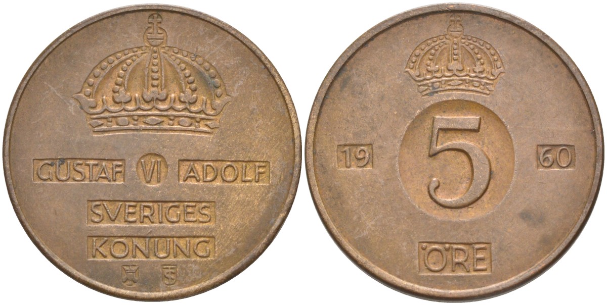 Швеция 5 эре 1960 TS, Густав VI Адольф (1950-1973) KM 822 бронза 65-834