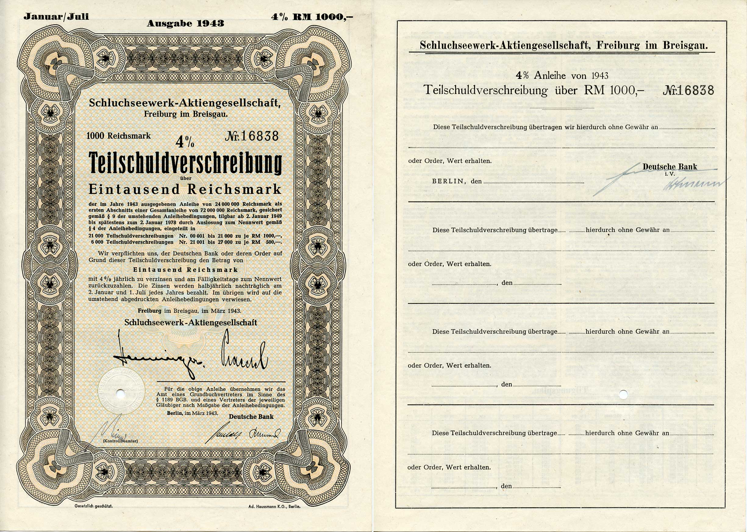Германия 1000 рейхсмарок 1943 АО Schluchseewerk (оператор 5 ГЭС), Фрайбург-им-Брайсгау, 4% -ное частичное обязательство, облигация   бумага   8801-99-1