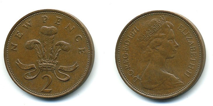 Великобритания 2 пенса 1971 Елизавета II (1952-2022) КМ 916, Spink 4235 (C1) бронза 4110-714