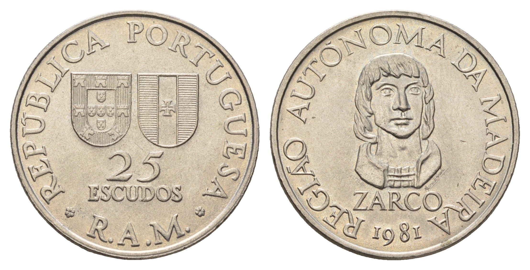 Португалия, Мадейра 25 эскудо 1981 Жуан Гонсалвиш Зарку KM 4 медно-никель UNC 4678-755