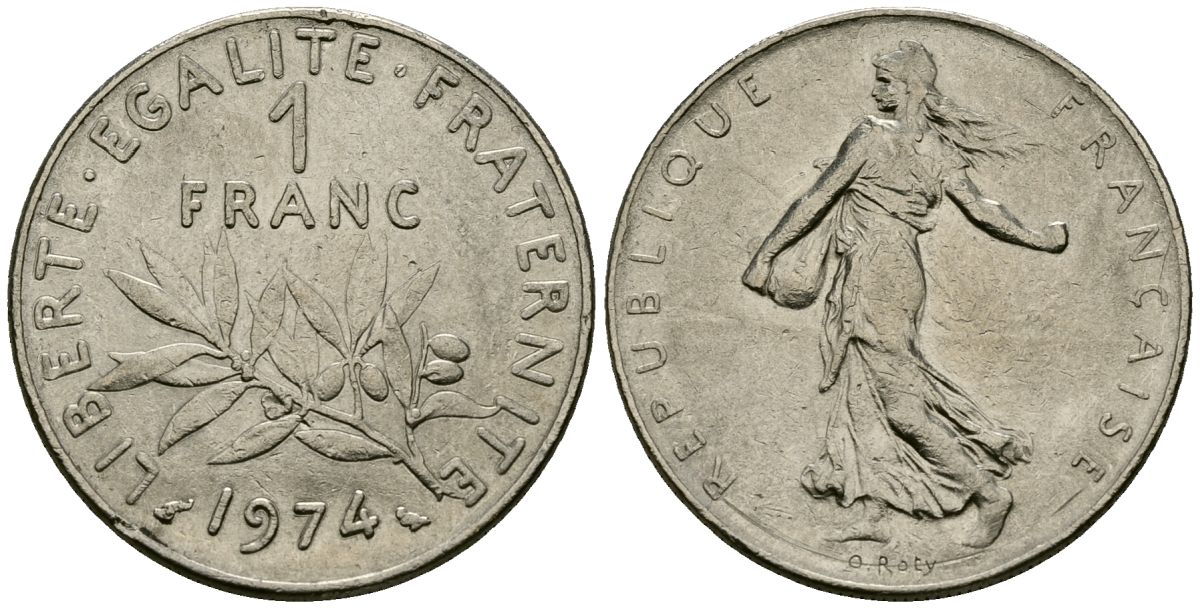 Франция 1 франк 1974 сеятель KM 925 никель 4135-843