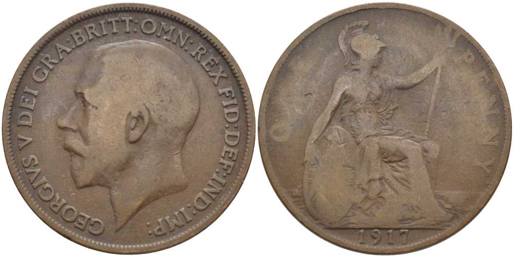 Великобритания 1 пенни 1917 Георг V (1910-1936) KM 810, Spink 4051 бронза 111-1243