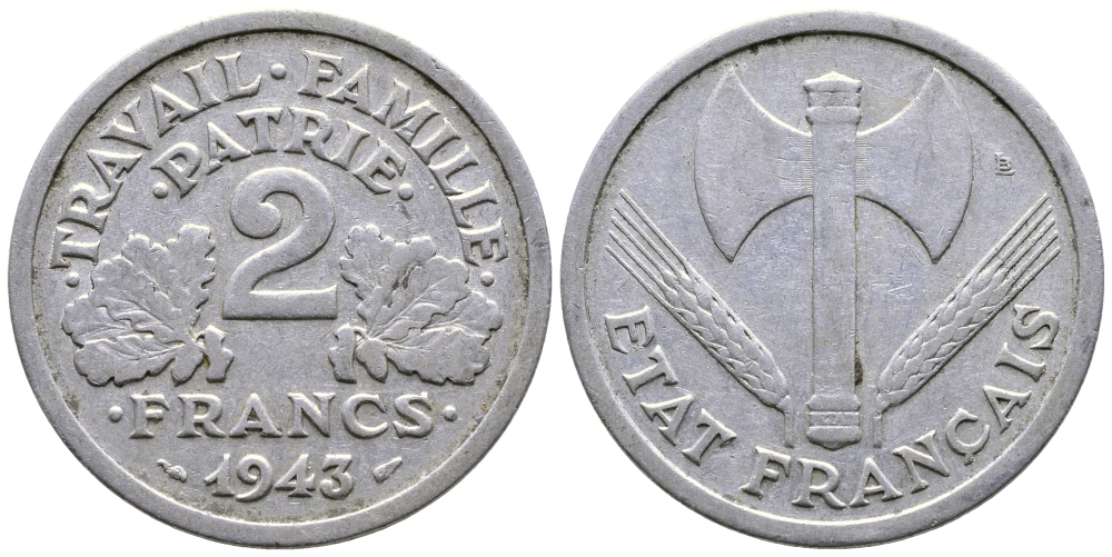 Франция 2 франка 1943 правительство Виши KM 904.1 алюминий 177-1051