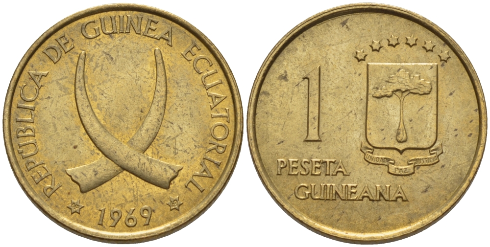 Экваториальная Гвинея 1 песета 1969 республика, диаметр 19,5 мм. KM 1 алюминиевая бронза 66-761