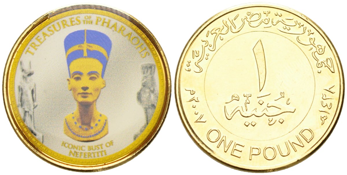 Египет 1 фунт 2007 АН1428, серия фараоны, Нефертити, цветная наклейка, позолота UNC 81-224