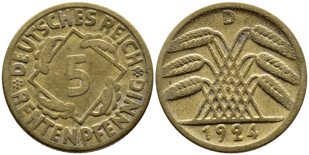 ГЕРМАНИЯ 5 РЕНТЕНПФЕННИГОВ 1924 D, KM 32, J. 308 алюминиевая бронза 4387-1146