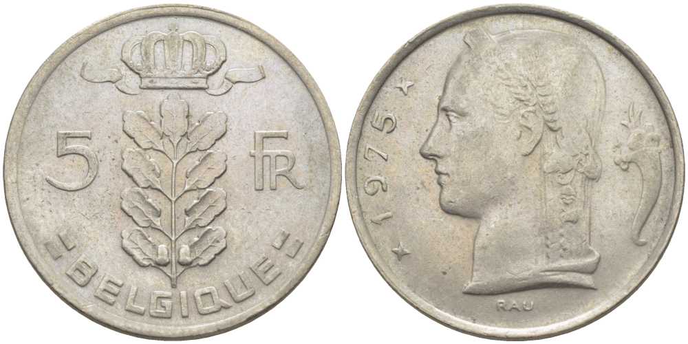 БЕЛЬГИЯ 5 ФРАНКОВ 1975 BELGIQUE, БОДУЭН I (1951-1993) KM 134.1 медно-никель 119-735