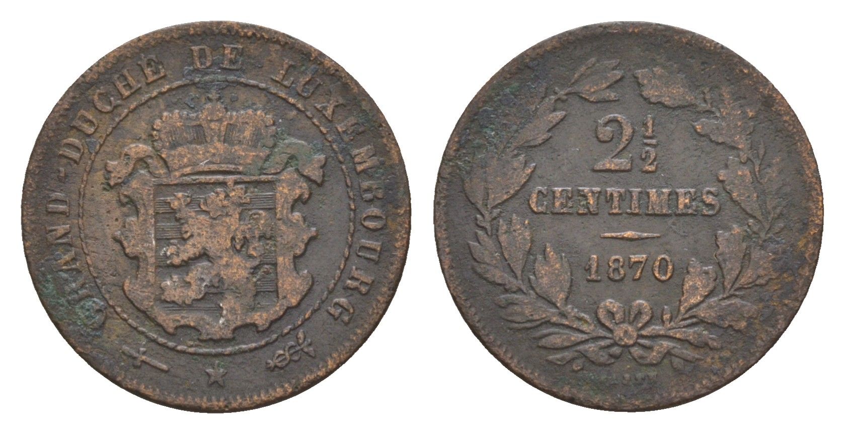 Люксембург 2 1/2 сантима 1870 Виллем III (1849-1890) KM 21 бронза 4655-241