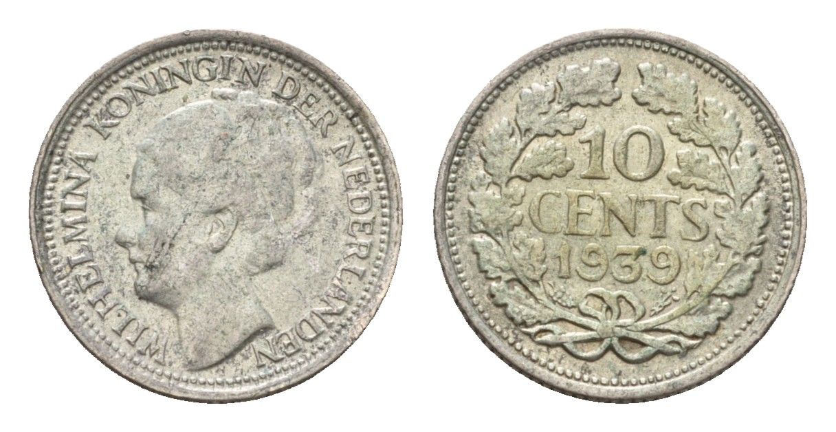 Нидерланды 10 центов 1939 Вильгельмина (1890-1948) KM 163 серебро 4627-748