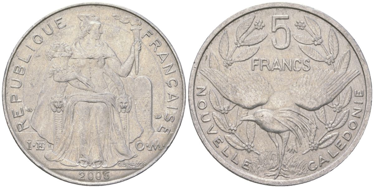 Французская Новая Каледония 5 франков 2006 птица кагу, (IEOM) KM 16, Schoen 12, Lec 81ю алюминий 189-1243