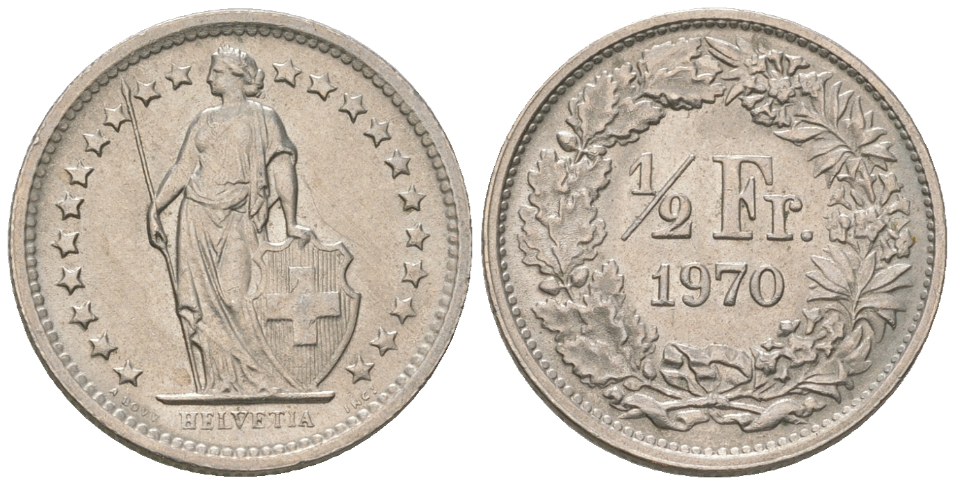 Швейцария 1/2 франка 1970 KM 23а.1 медно-никель 54-828