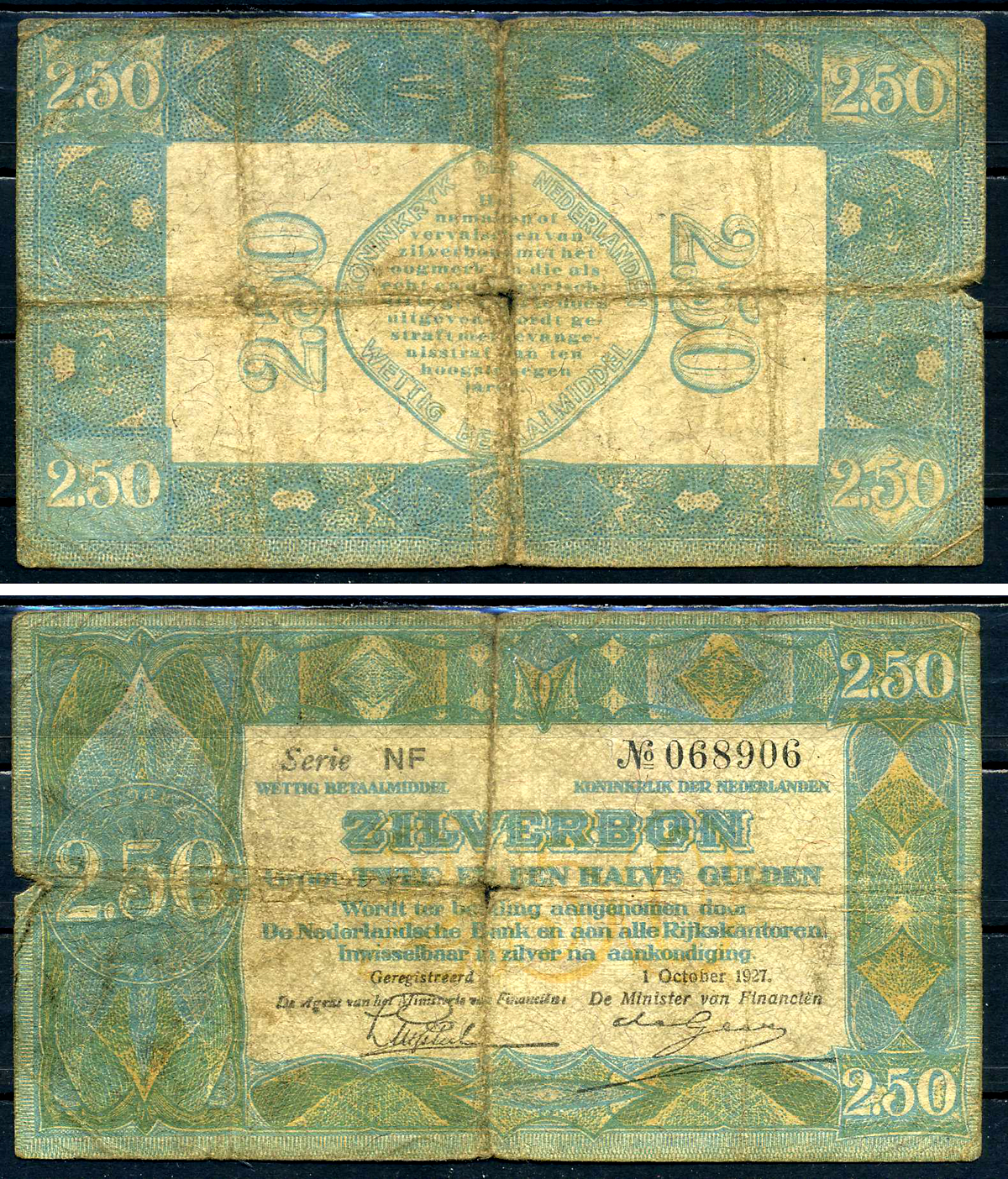 Нидерланды 2 1/2 гульдена 1927 Вильгельмина I (1890-1948), серебряный ваучер Pick 20, Akkermans 10.7 бумага 451-594-2