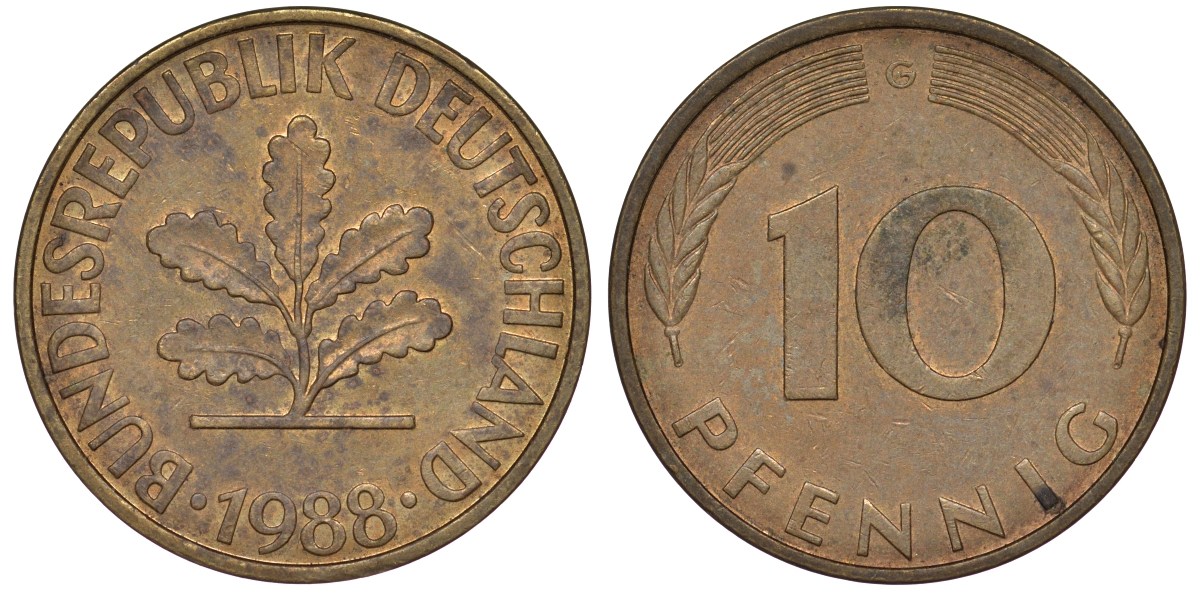 ФРГ 10 пфеннигов 1988 G KM 108, J 383 сталь плакированная латунью 25-1816