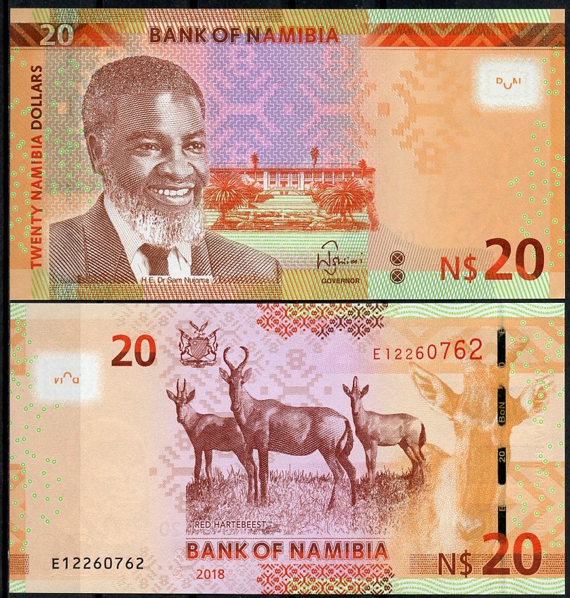 Намибия 20 долларов 2018 Сэм Нуйома, красный хартебист Pick 17  бумага  UNC (пресс) 449-72-3