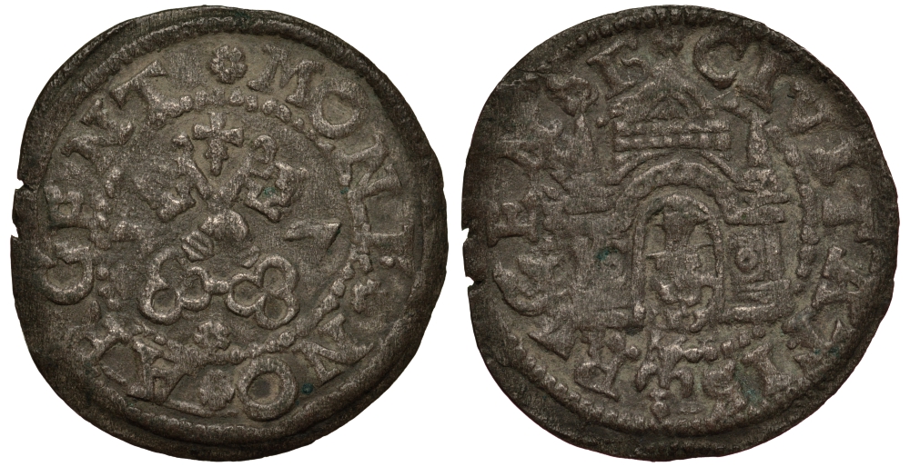 Рига 1 шиллинг (шеляг) 1577 свободный город (1562-1581), вес 0,92 гр. Neumann 9 серебро 1516-535