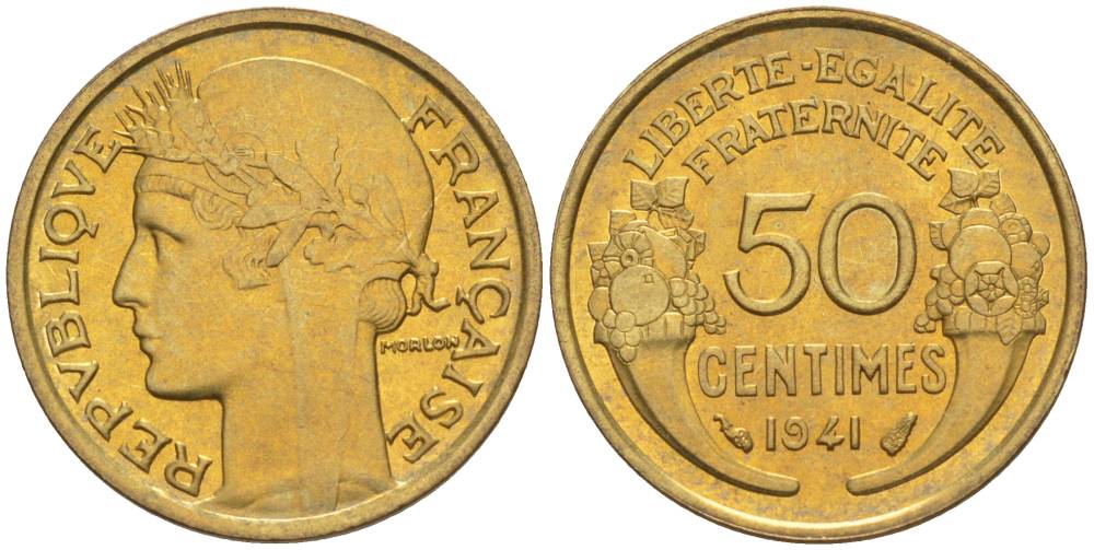 Франция 50 сантимов 1941 тип Морлон KM 894.1, Le Franc 192.18 алюминиевая бронза 44-366